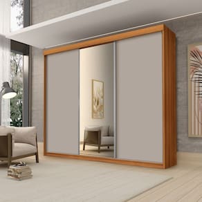 Roupeiro Casal Luxo Florença 100% Mdf 3 Portas de Correr 5 Gavetas Trilhos em Alumínio Espelho - Luapa - Freijó/Mani