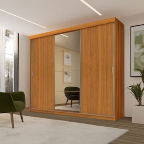 Roupeiro Casal Luxo Imola 100% Mdf 3 Portas de Correr 5 Gavetas Trilhos em Alumínio C/ Espelho - Luapa - Freijó