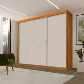 Roupeiro Casal Luxo Imola 100% Mdf 3 Portas de Correr 5 Gavetas Trilhos em Alumínio - Luapa - Freijó/Off
