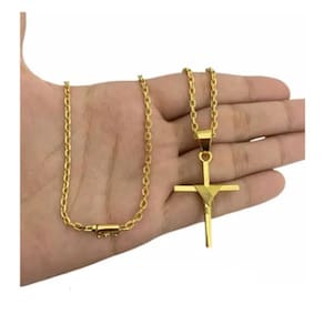 Cordão Cadeado 2Mm + Pingente Crucifixo Banhado A A Ouro