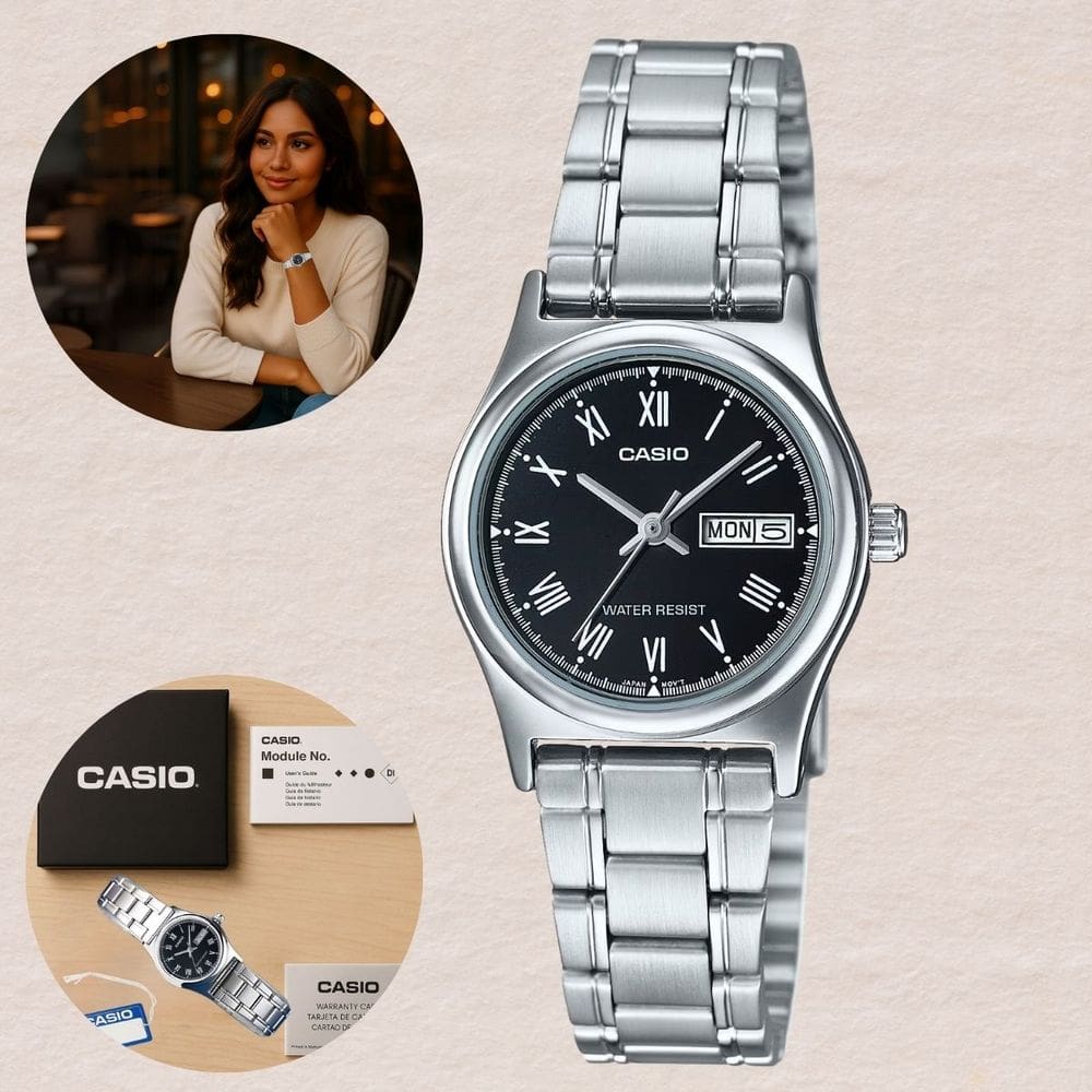 Relógio Elegante Casual AcessórioFeminino Casio LTP-V006D 1BUDF Aço Inox Analógico Calendário Data e Dia Resistente à Água
