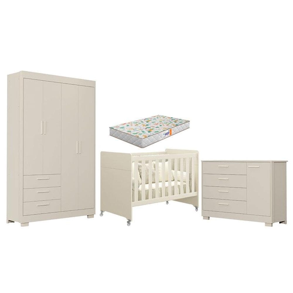 Quarto de Bebê Zaki e Berço Americano Evolution 4 em 1 Areia Acetinado com Colchão Gazin - Reller