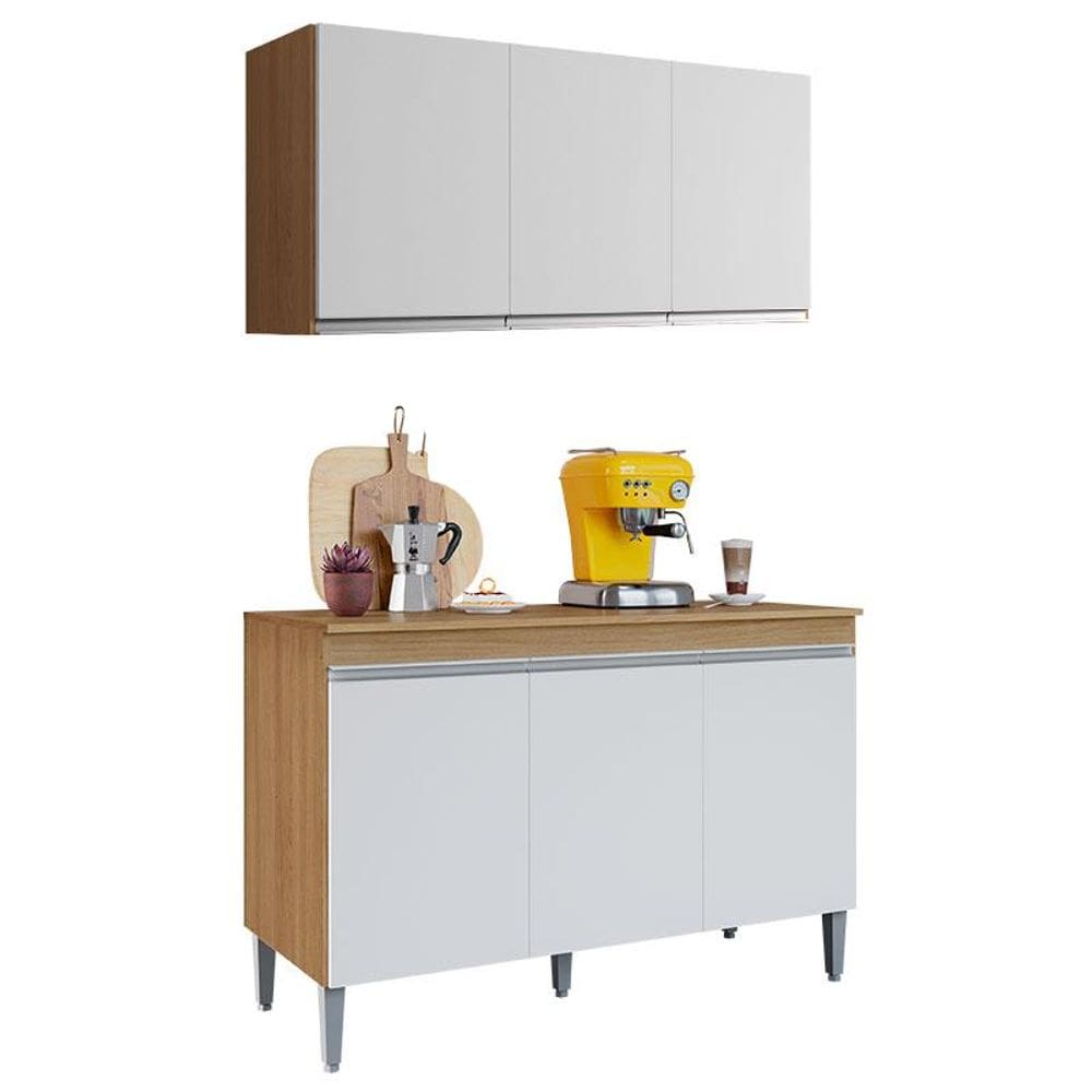 Balcão de Cozinha Manu com Tampo 120cm e Armário Aéreo Andréia Amêndoa Branco - AJL