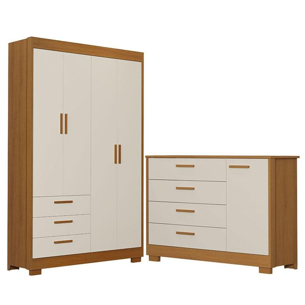 Cômoda com Porta e Guarda Roupa 4 Portas Infantil Zaki Areia Acetinado Savana - Reller