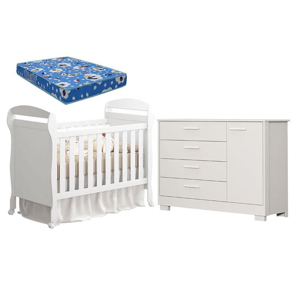 Berço Americano Danny e Cômoda Infantil Zaki Branco Acetinado com Colchão Ortobom - Reller