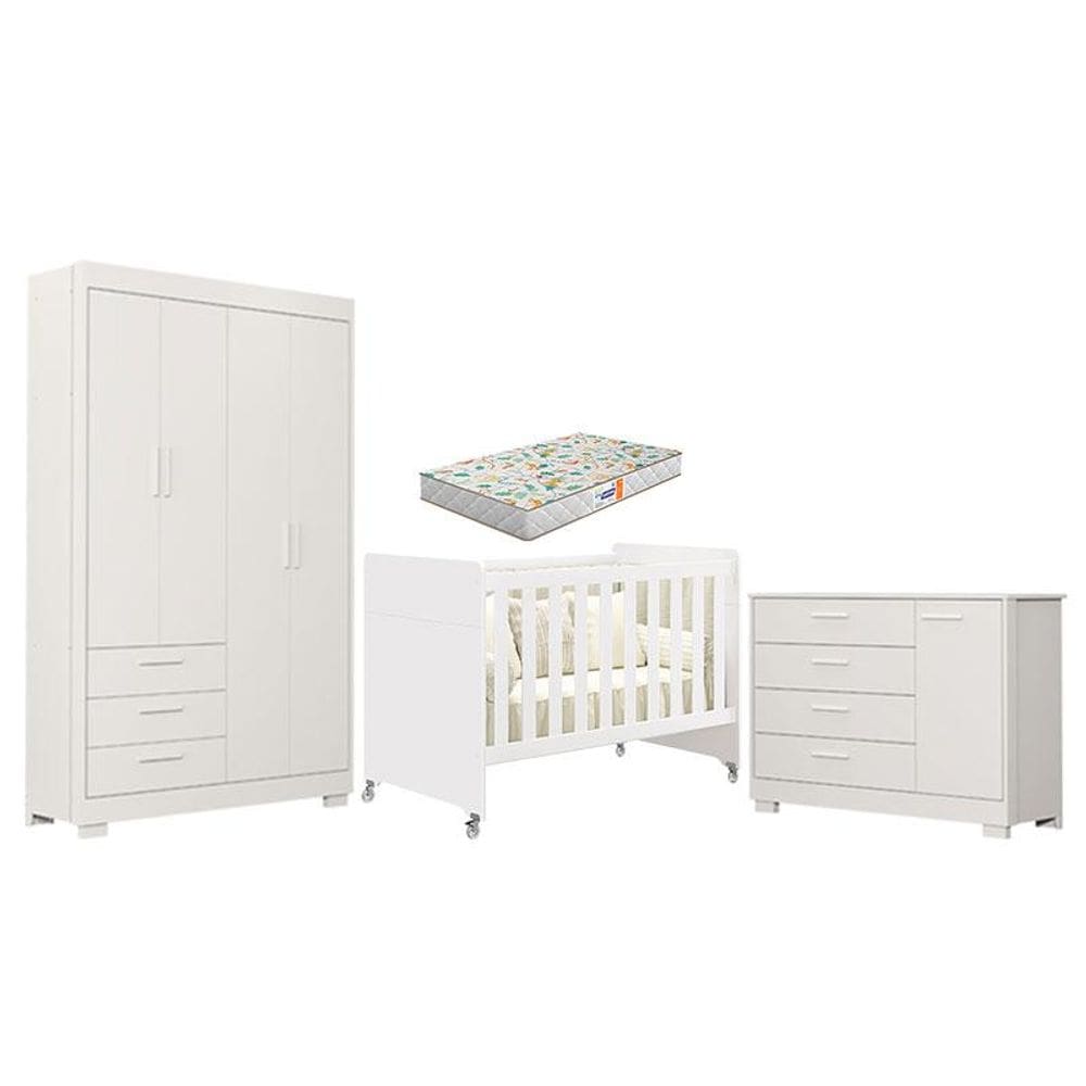 Quarto de Bebê Zaki e Berço Americano Evolution 4 em 1 Branco Acetinado com Colchão Gazin - Reller
