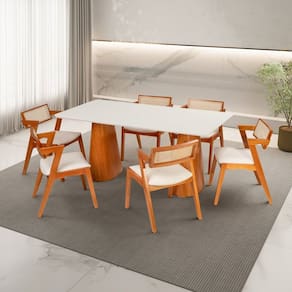 Conjunto Mesa Fortaleza com 6 Cadeiras em Madeira Maciça, Rattan 100% Natural e Estofada Verona Espr Champagnhe/Off White