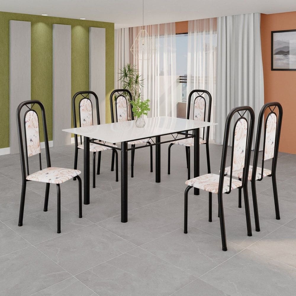 Conjunto de Mesa Tubular com 6 Cadeiras Lara Bege / Preto