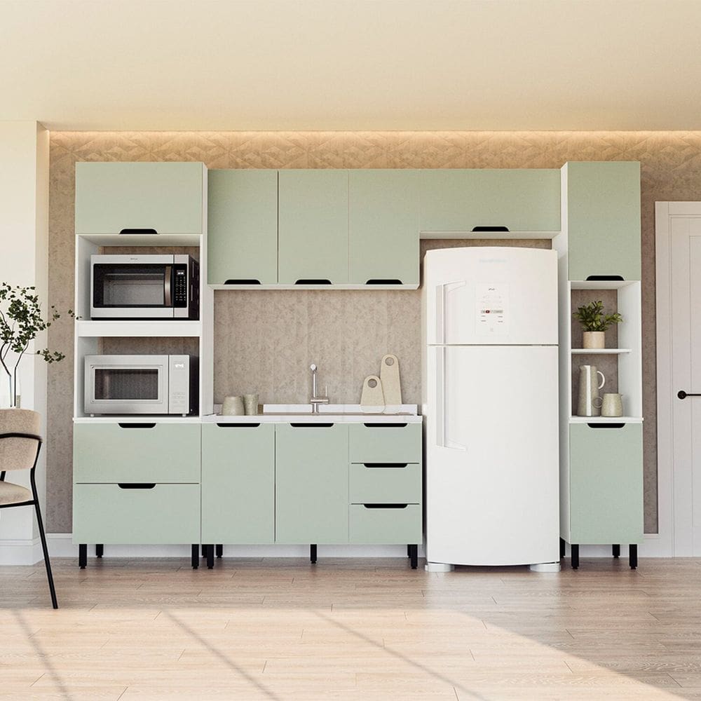 Cozinha Completa 5 Peças 224,5cmx310cm Meena Branco/Verde Oliva
