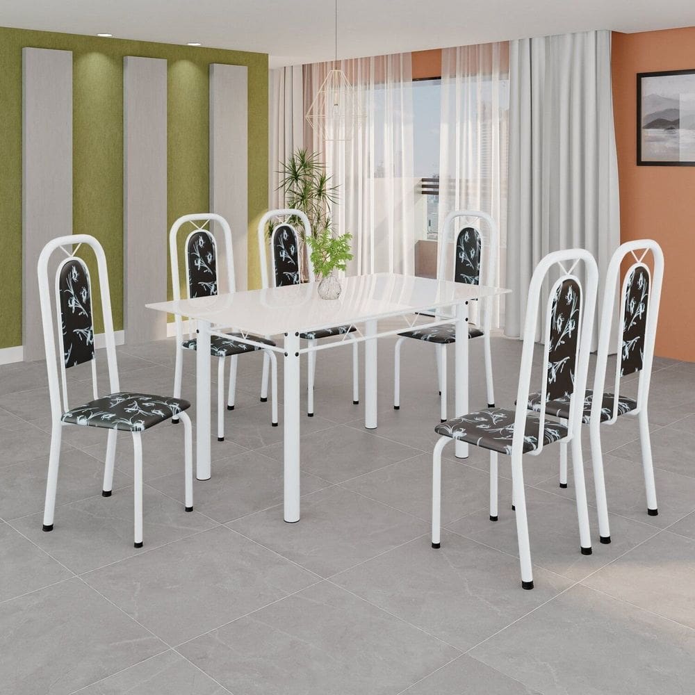 Conjunto de Mesa Tubular com 6 Cadeiras Lara Preto / Branco