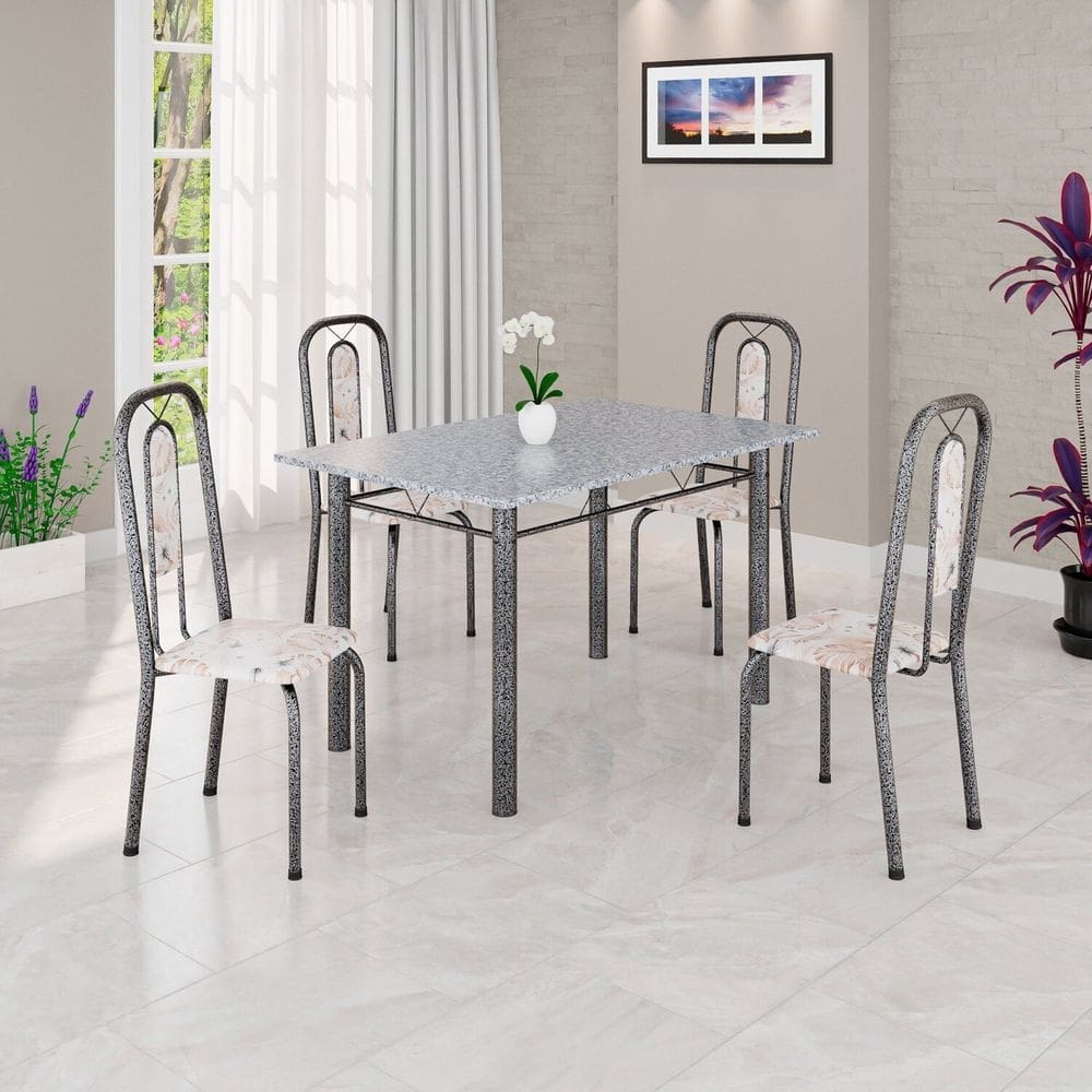 Conjunto Sala de Jantar com 4 Cadeiras Lara Bege / Prata