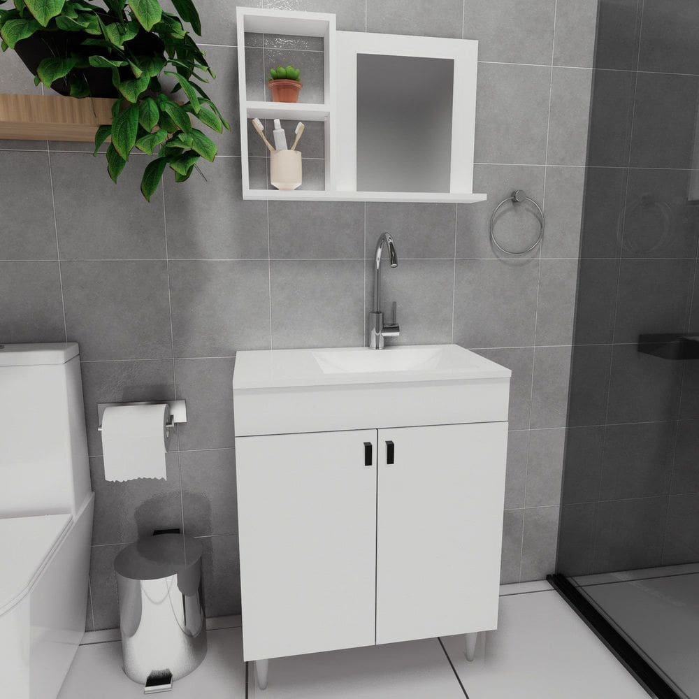 Conjunto Gabinete para Banheiro com Cuba Espelheira Sevilha Branco