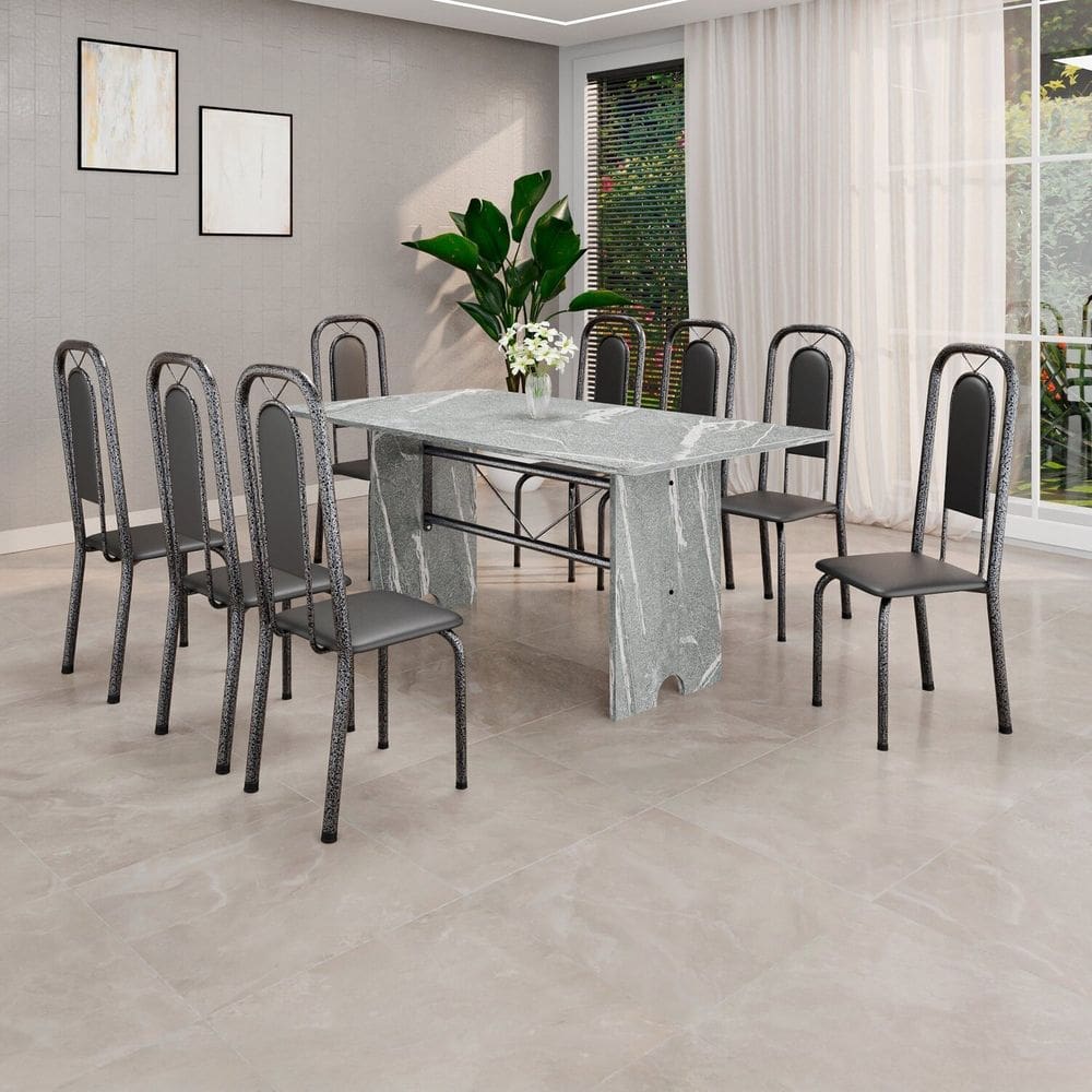 Conjunto Sala de Jantar com 8 Cadeiras Lara Preto / Prata