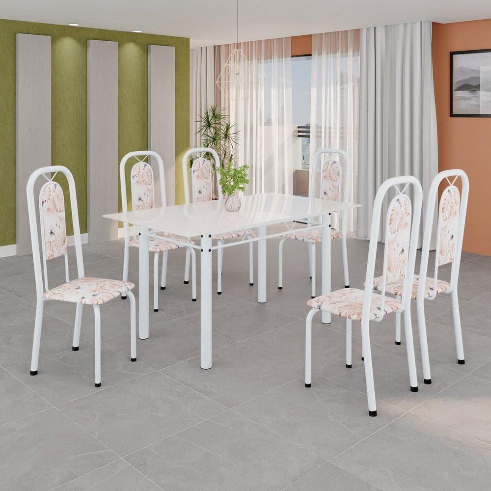 Conjunto de Mesa Tubular com 6 Cadeiras Lara Bege / Branco