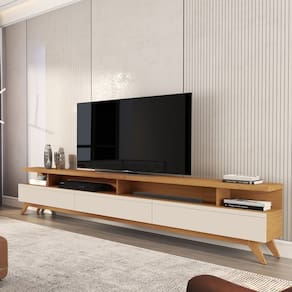 Rack para Tv 86 Polegadas Pés em Madeira Maçiça Marrom /Off White