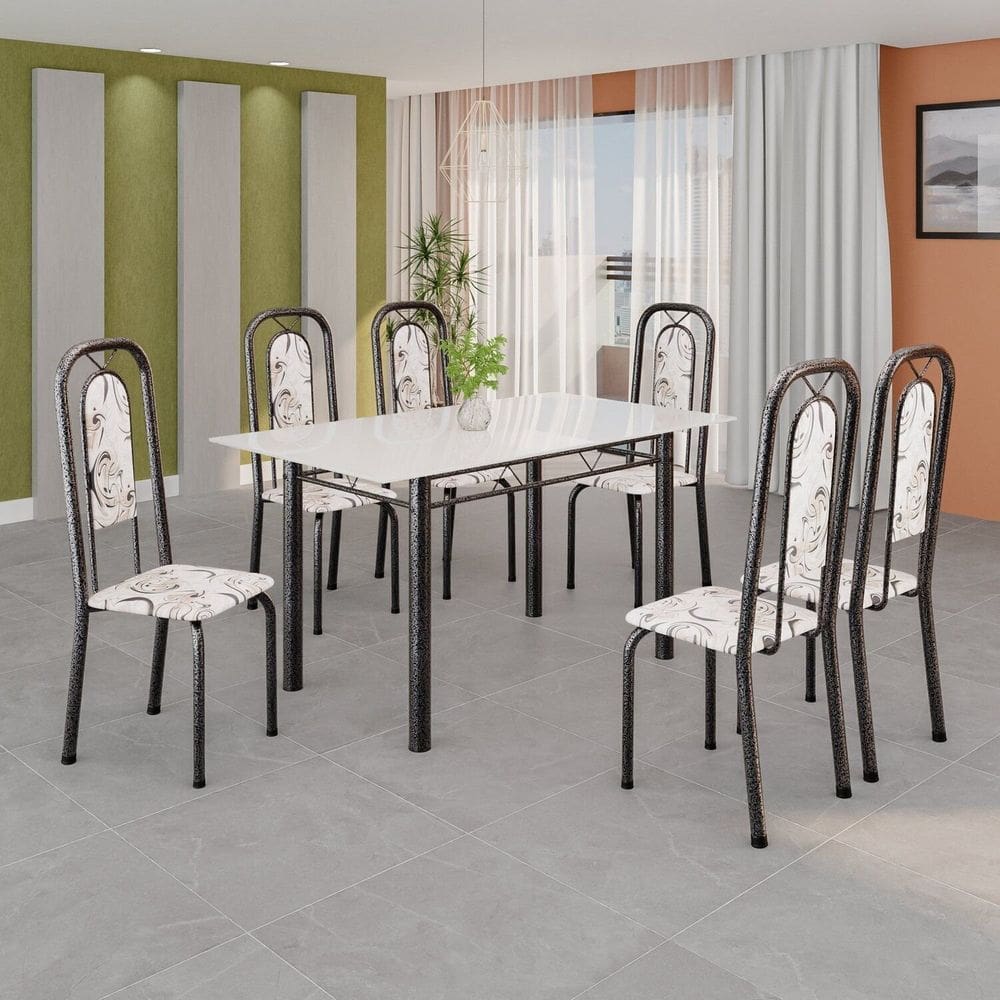Conjunto de Mesa Tubular com 6 Cadeiras Lara Arabesco / Prata