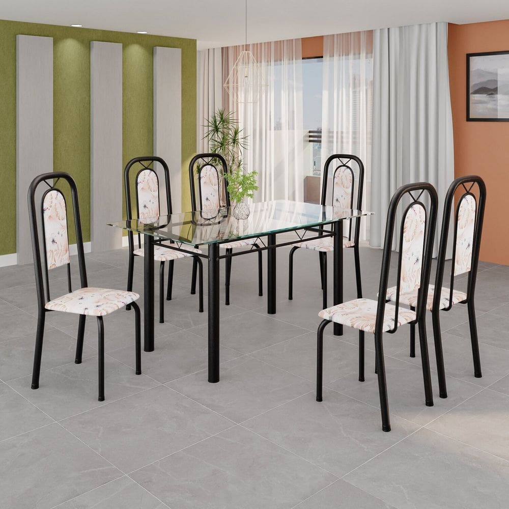 Conjunto de Mesa Tubular com 6 Cadeiras Lara Bege / Preto