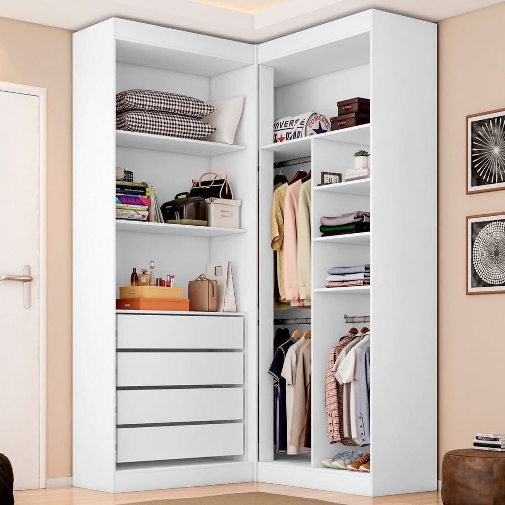 Guarda Roupa Closet Casal sem Portas Canto em L com 4 Gavetas e 3 Cabideiros Versatille Yescasa Branco