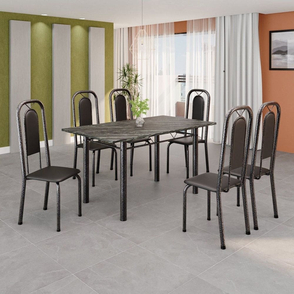 Conjunto Sala de Jantar com 6 Cadeiras Lara Preto / Prata