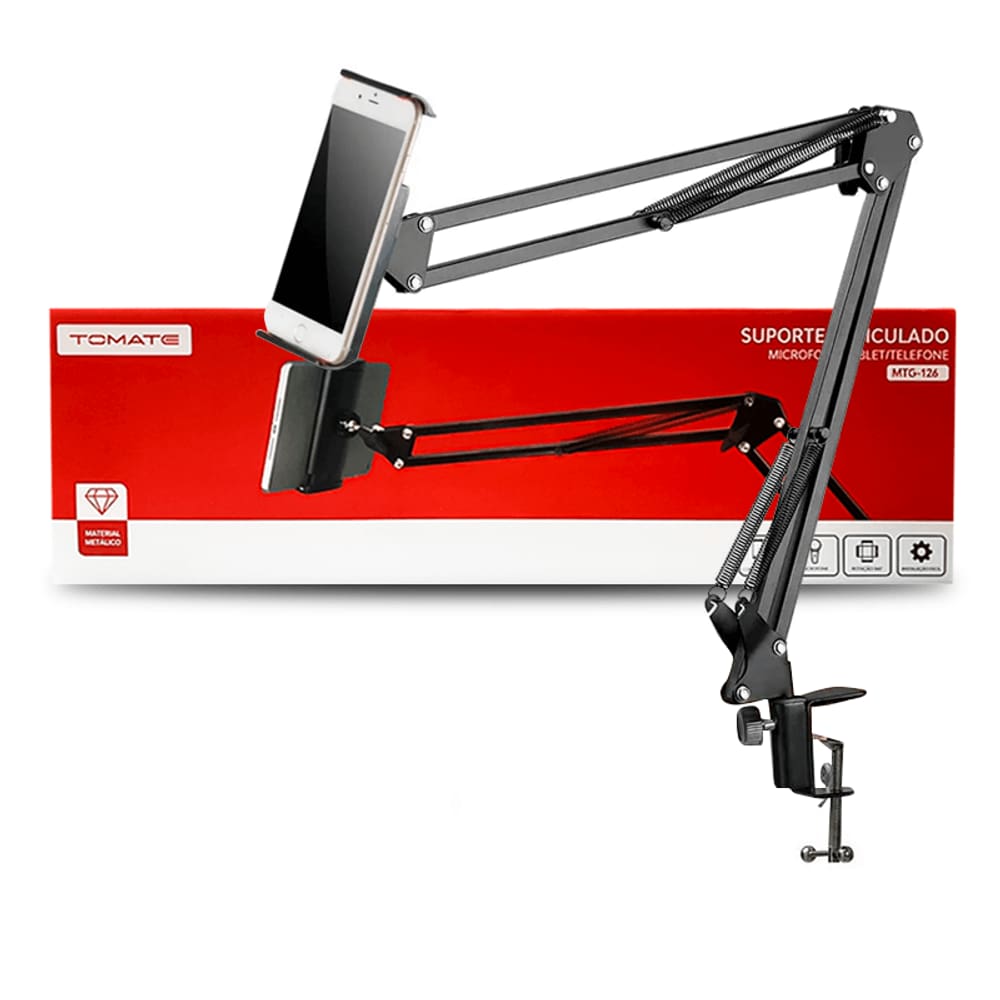 Suporte Articulado com Braço Duplo e Rotação 360° | Aço Reforçado | Para Celular e Microfone | Fixação em Mesa | Estável e Ajustável