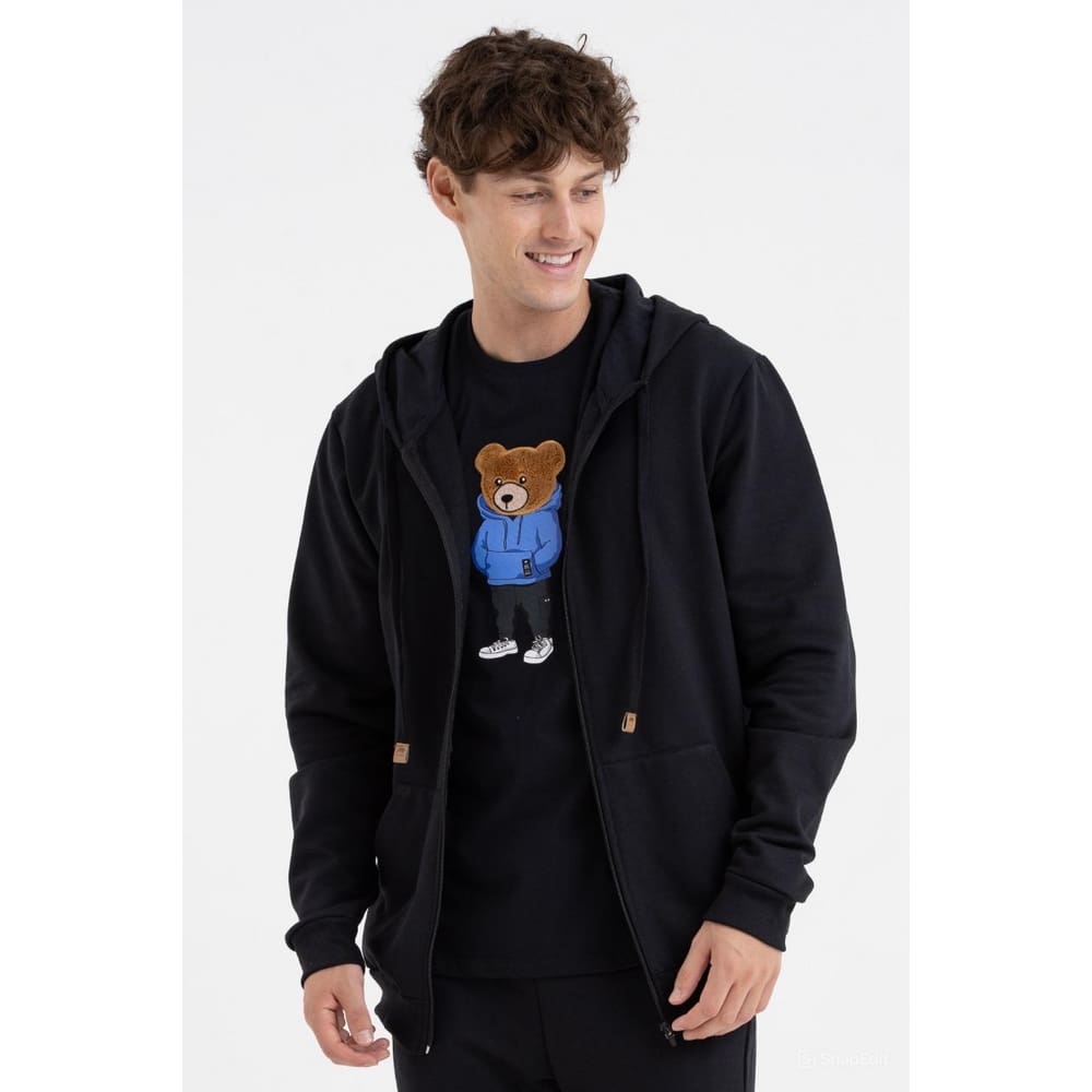 Jaqueta Masculina Básica Moletom com Ziper, Capuz Bolso Canguru Preta