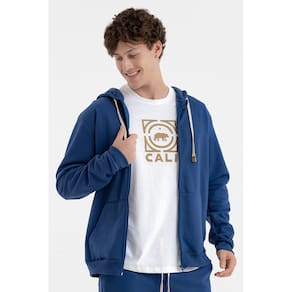 Jaqueta Masculina Básica Moletom com Ziper, Capuz Bolso Canguru Marinho Absoluto