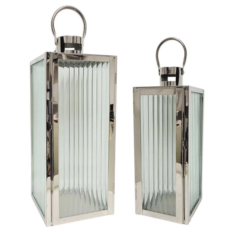 Jogo 2 Lanternas Decorativa Inox e Vidro Canelado Luxo 49cm e 38cm - Mabruk