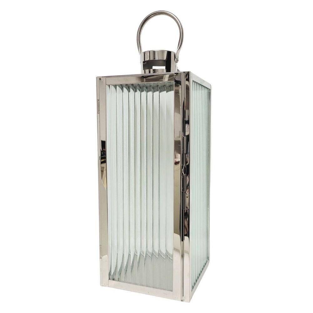 Lanterna Decorativa Inox e Vidro Canelado Luxo 40cm x 16cm - Mabruk