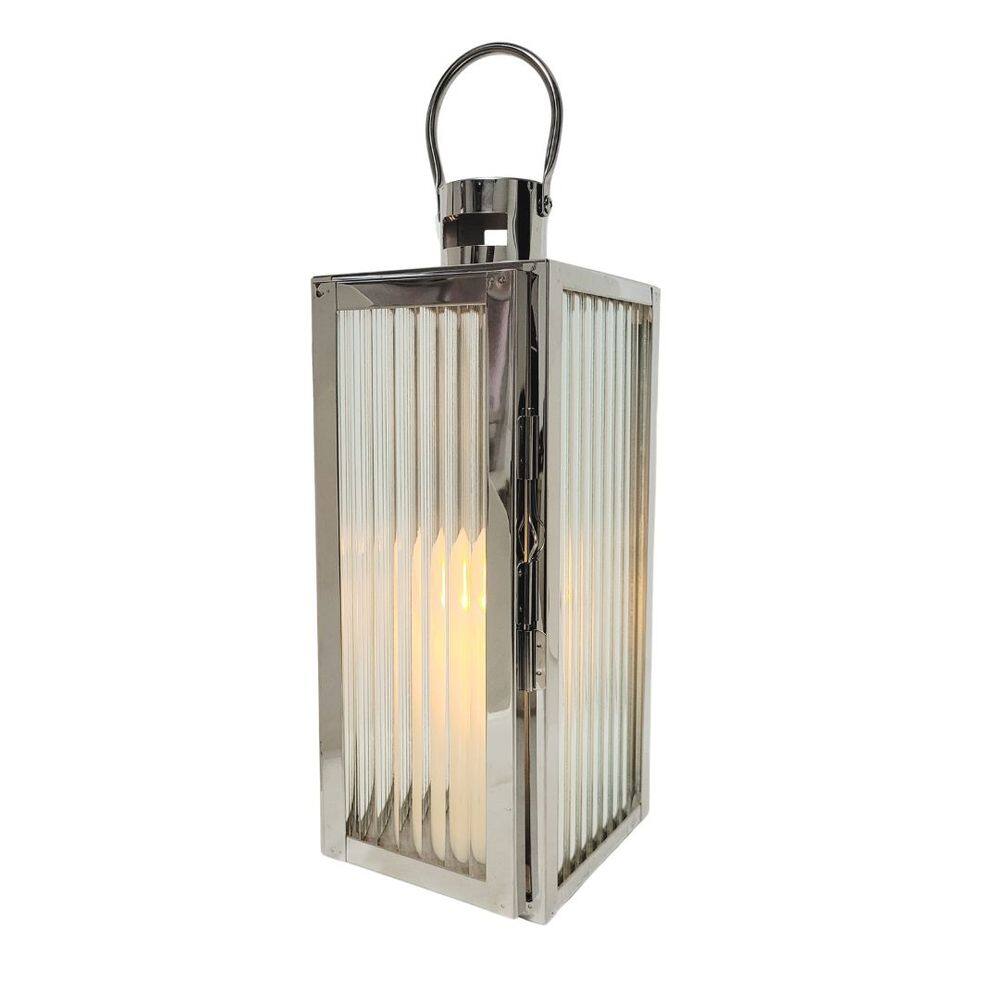 Lanterna Decorativa Iluminada Inox e Vidro Canelado Luxo 32cm e Vela LED - Mabruk