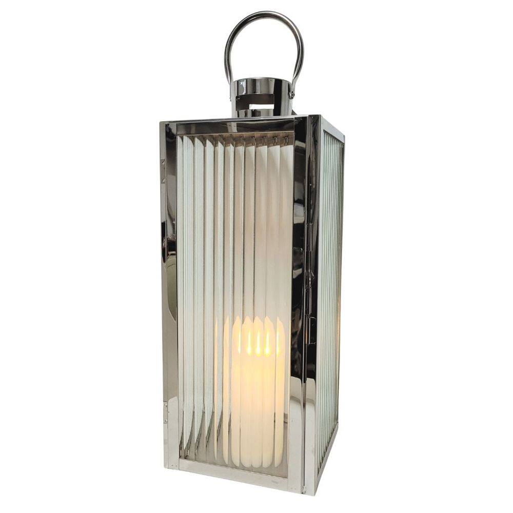 Lanterna Decorativa Iluminada Inox e Vidro Canelado Luxo 40cm e Vela LED - Mabruk