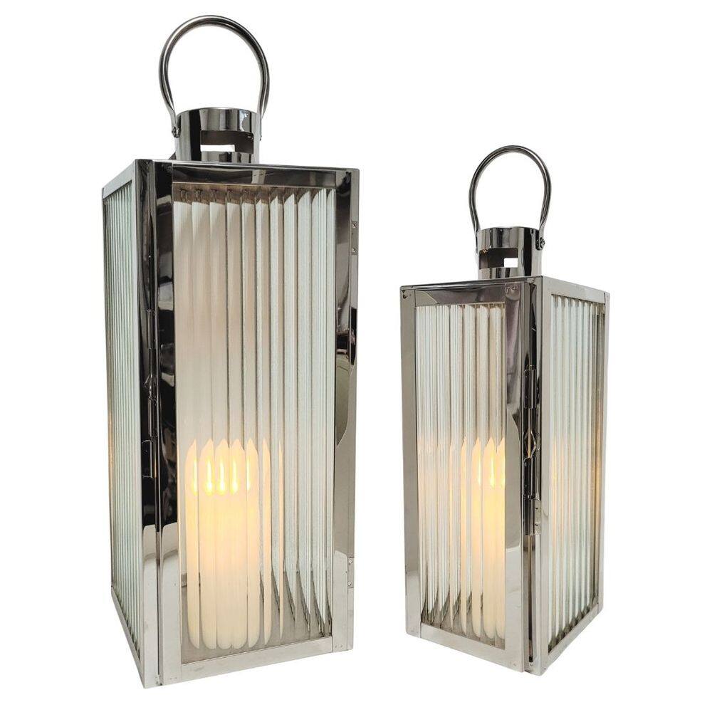 Jogo 2 Lanternas Decorativa Iluminada Inox e Vidro Canelado 40cm e 32cm com Vela LED - Mabruk