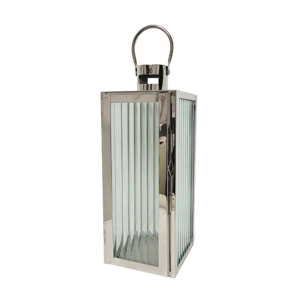 Lanterna Decorativa Inox e Vidro Canelado Luxo 38cm x 13cm - Mabruk