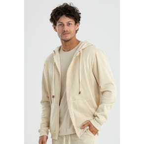 Jaqueta Masculina Básica Moletom com Ziper, Capuz Bolso Canguru Areia Brasileira