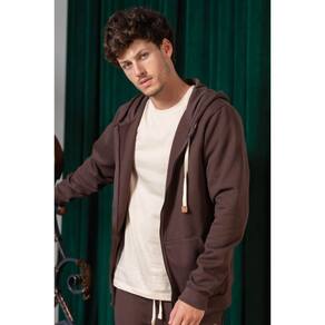 Jaqueta Masculina Básica Moletom com Ziper, Capuz Bolso Canguru Chocolate