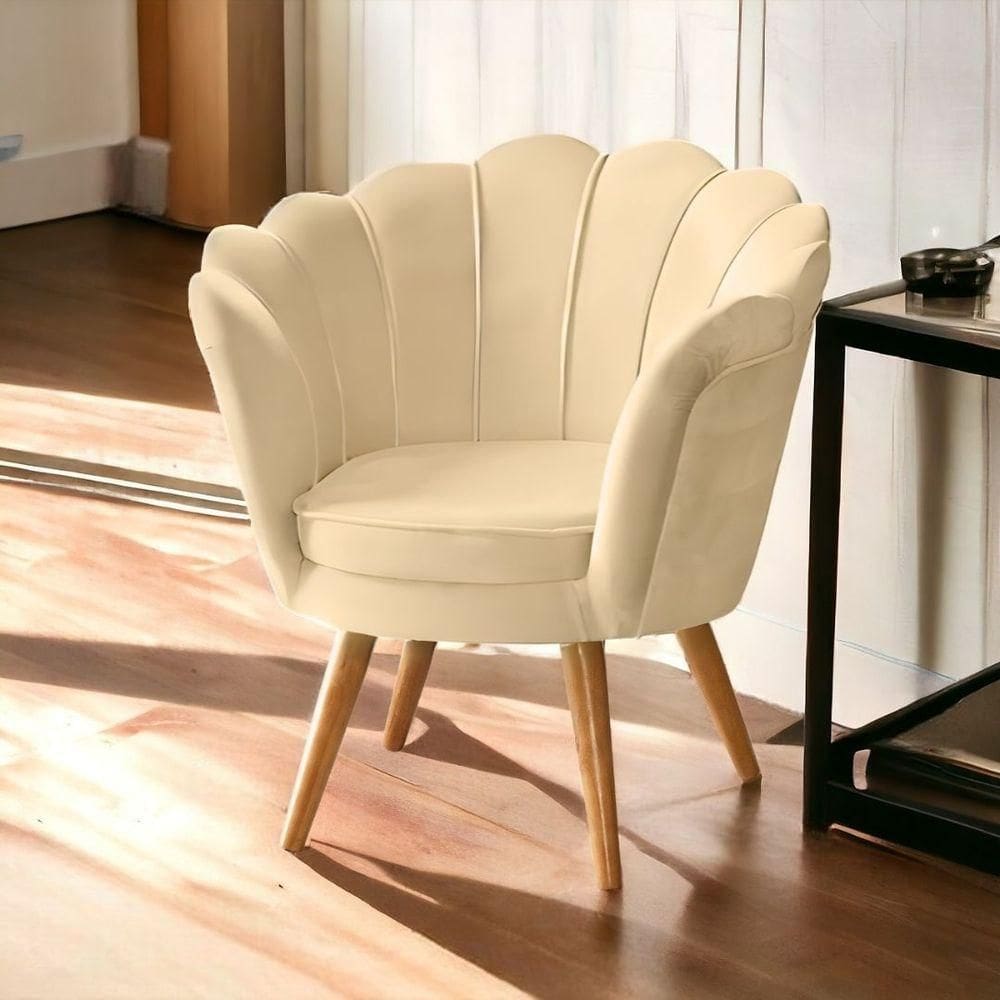 Poltrona Pétala Estofada Bege Eucalipto Decorativa