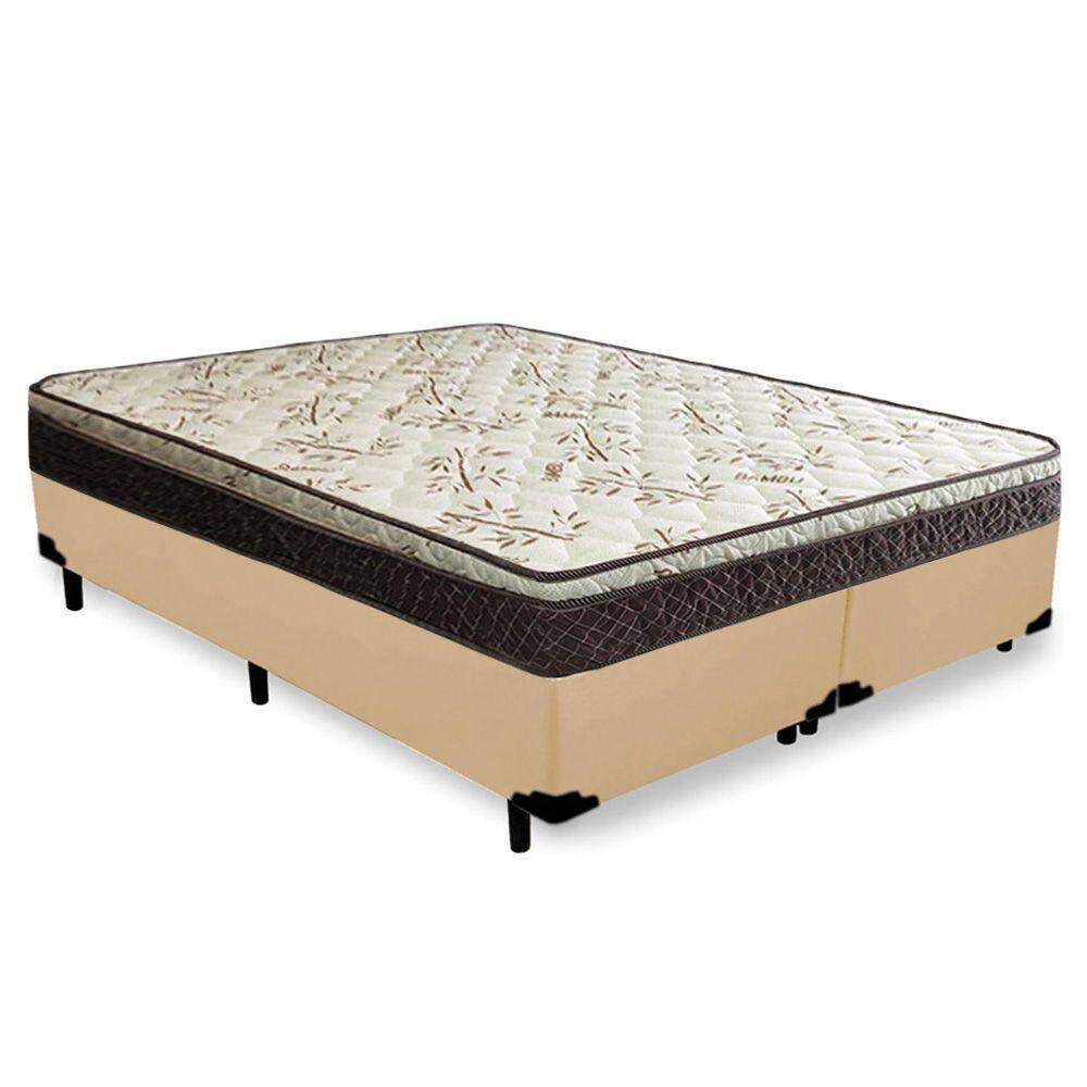 Cama Box Queen Bipartido Sintético + Colchão Elegance Ortopédico Espuma D33 Extra Firme 158x198x63 Bege
