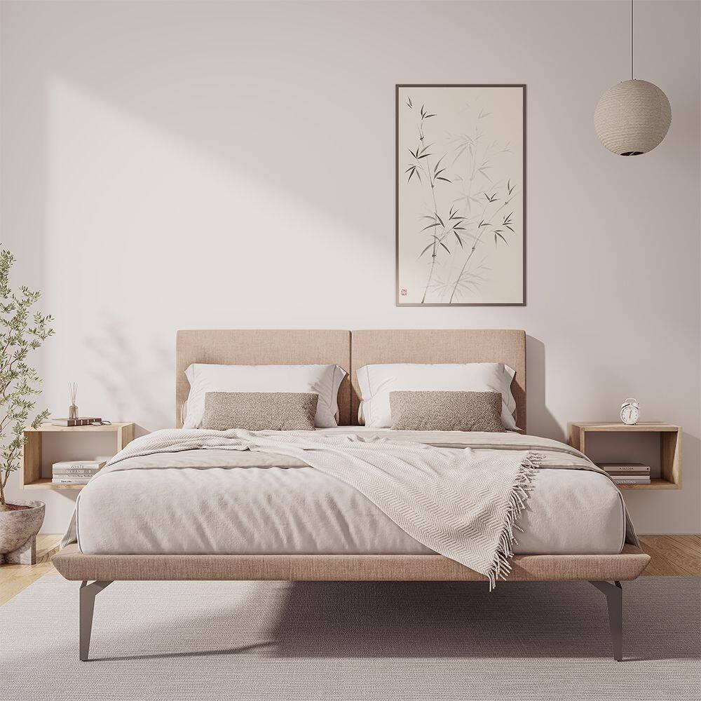 Estrutura para Cama Japonesa Toquio Queen com Cabeceira Almofada Linho Bege