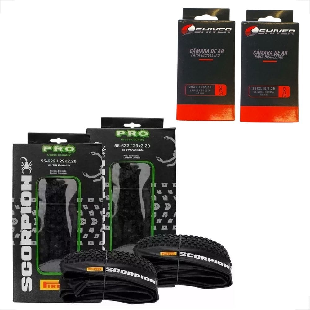 2 Pneu Pirelli Scorpion Pro 29 X 2.20 Kevlar Sem Arame Mtb + 2 Camara de ar aro 29 Shiver Bico Fino