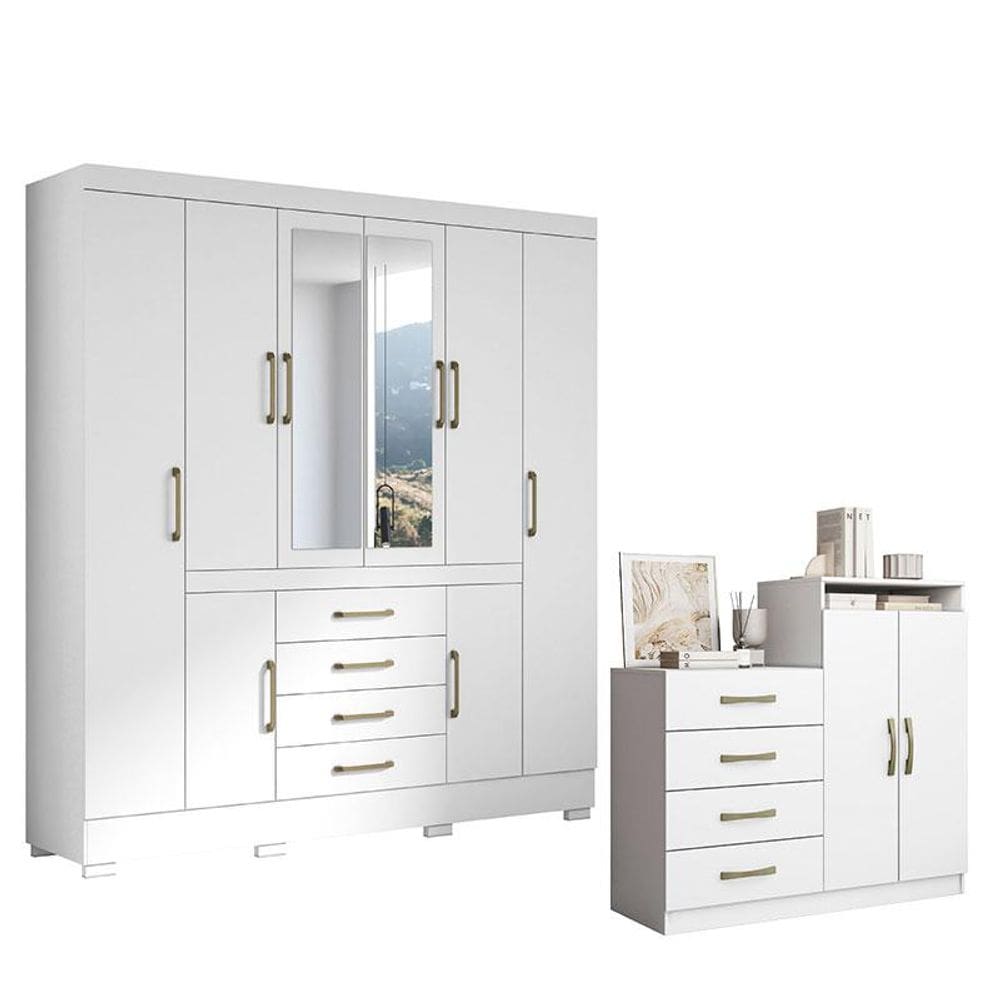 Cômoda Londres e Guarda Roupa Casal Nápole 2045149 Branco Brilho - Aramóveis
