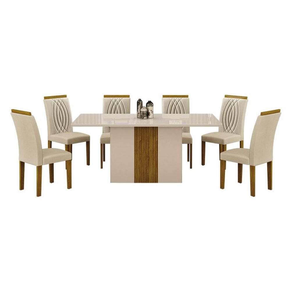 Mesa de Jantar Doha 160x80 Reto Off White Freijó Decor Off com 6 Cadeiras Freijó Joli Palha - Leifer Móveis