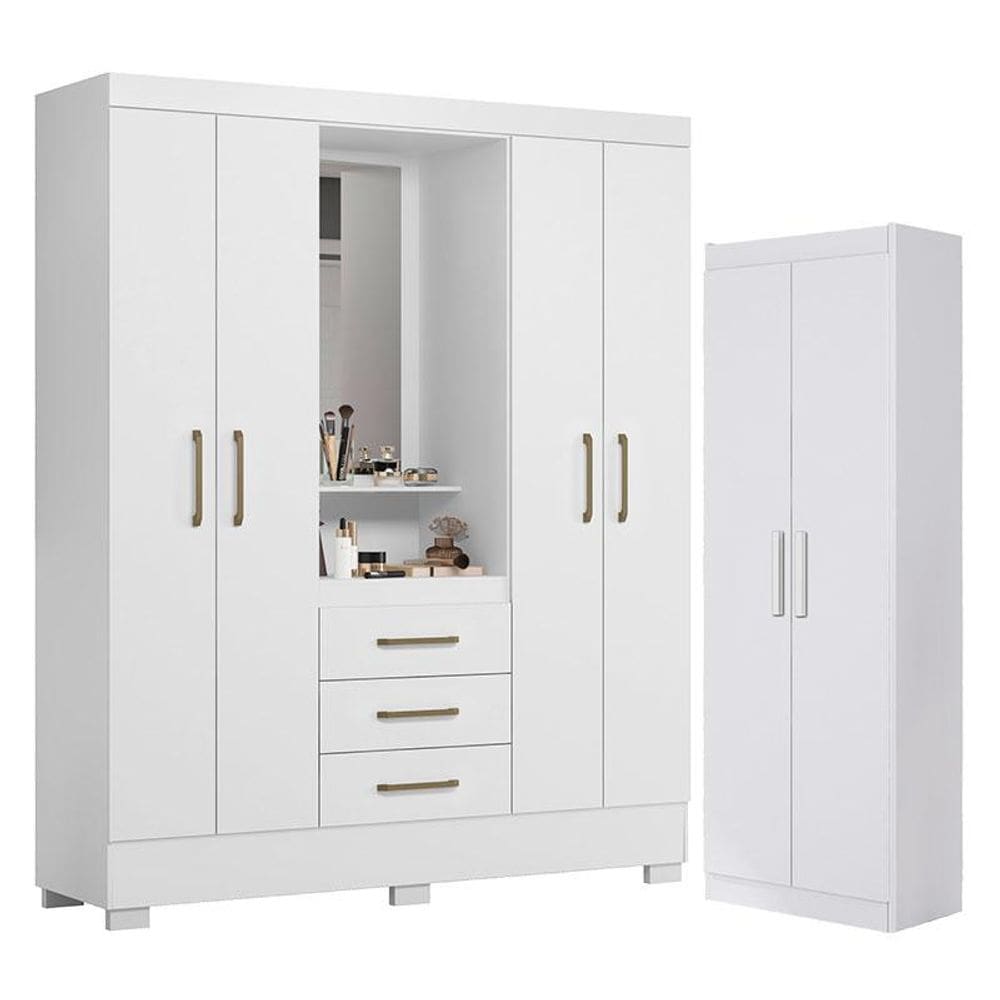 Guarda Roupa Solteiro Paris 2045150 e Armário Multiuso 2000191 Branco - Aramóveis