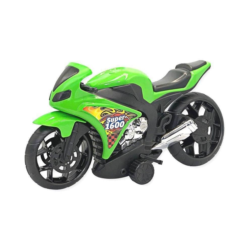 Moto Brinquedo Verde Super 1600 Rodas Esportivas E Fricção Com Carenagem Aerodinâmica E Acabamento Cromado