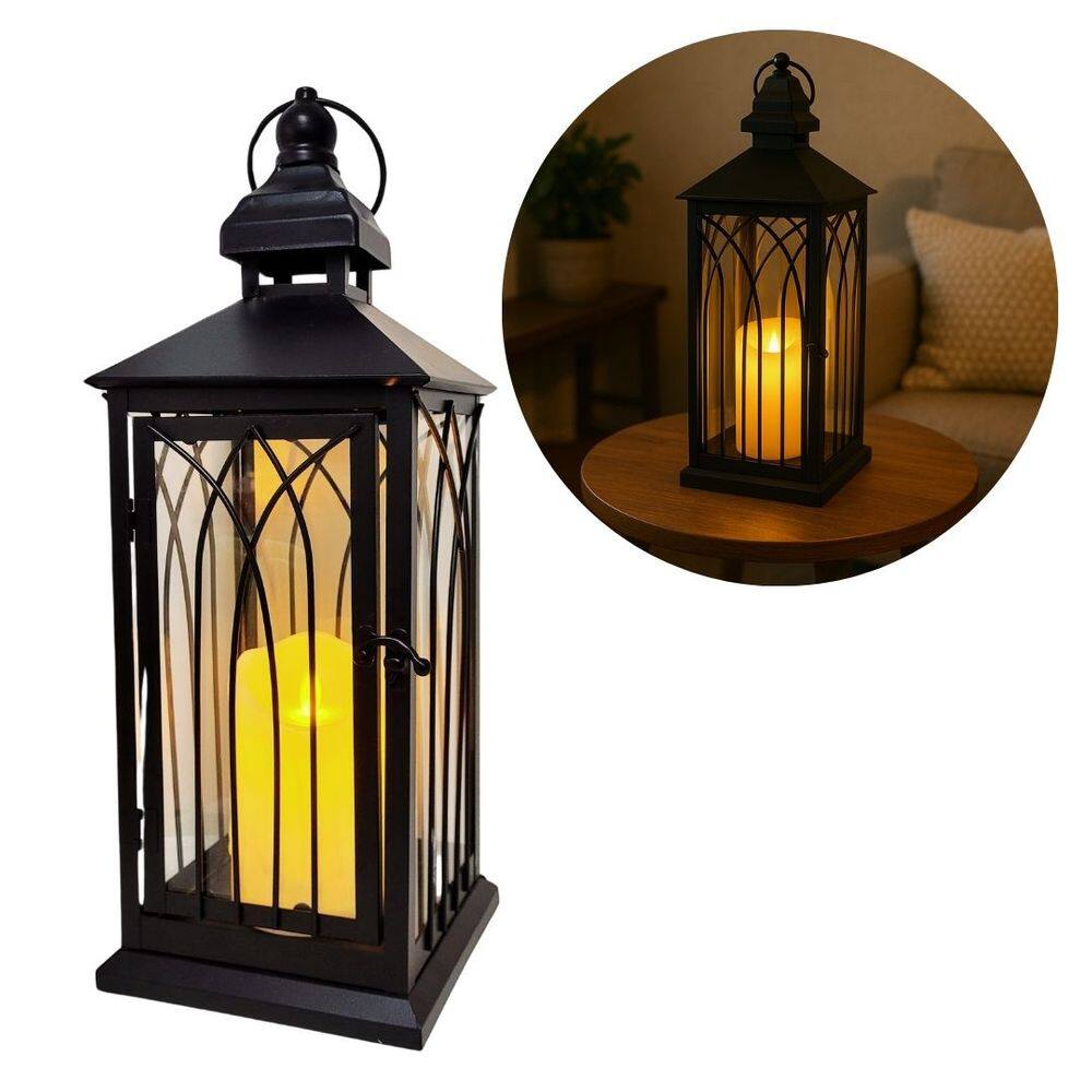 Lanterna Decorativa Iluminada Metal Black Fosco 39cm com Vela LED - Mabruk