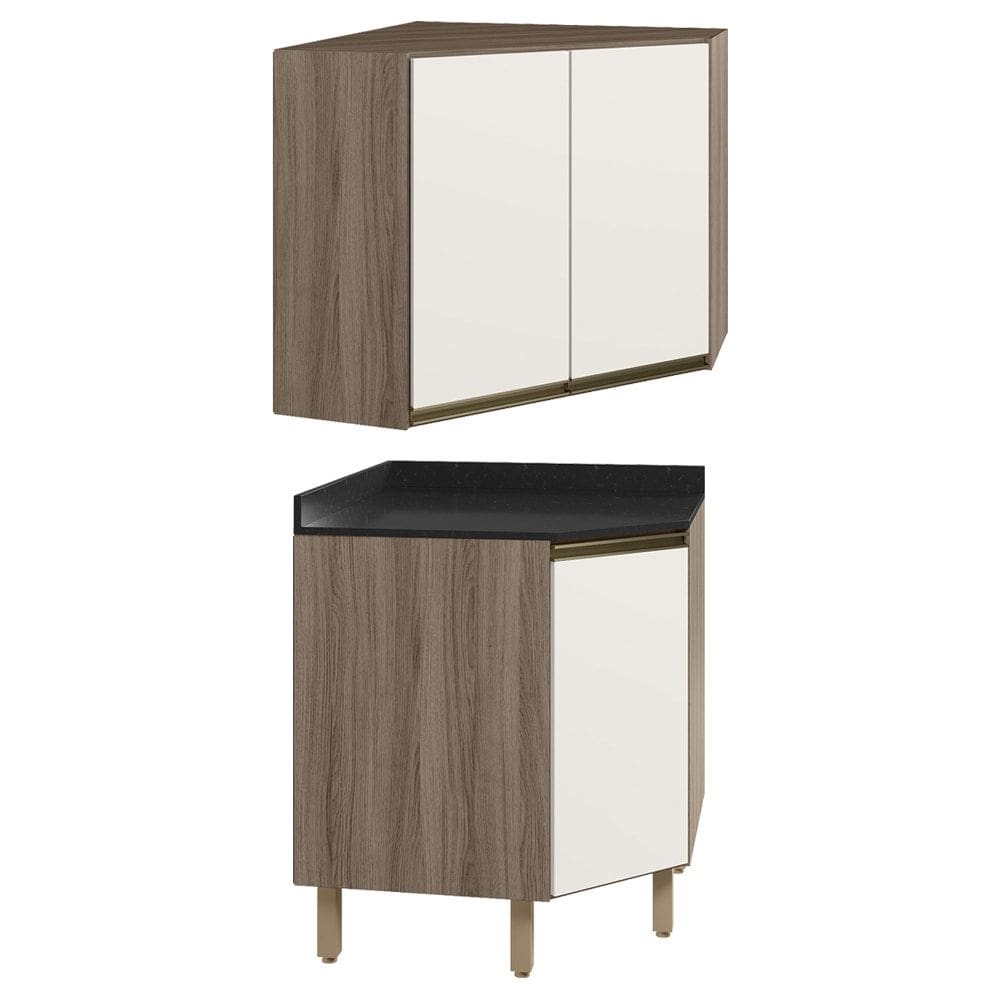 Armario E Balcao Canto Obliquo 75cm MDF Kali Carvalho Toq Off White Cetim Nicioli