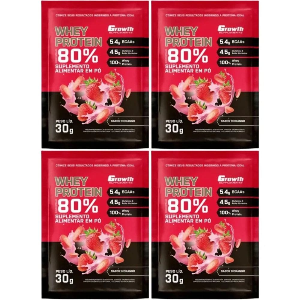 Kit com 4 Saches Whey Protein 80% 30g Growth Morango
