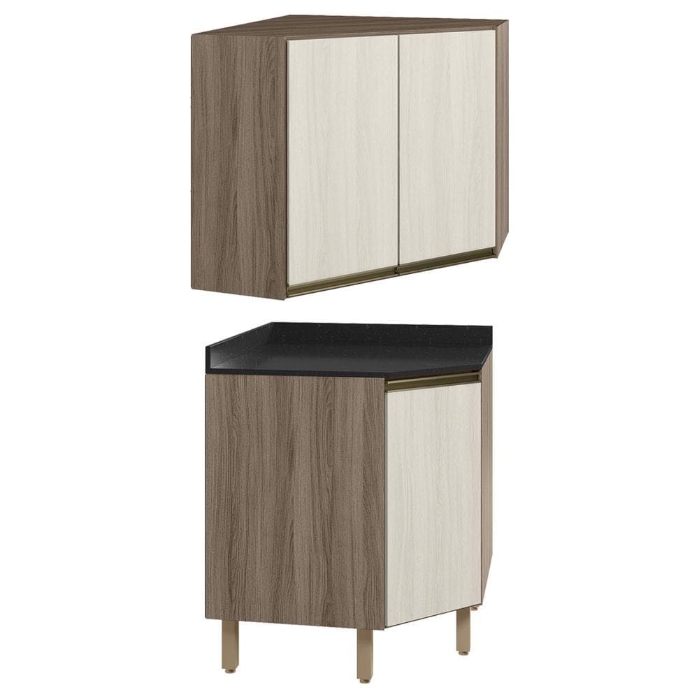 Armario E Balcao Canto Obliquo 75cm MDF Kali Carvalho Toq Bianco Toq Nicioli