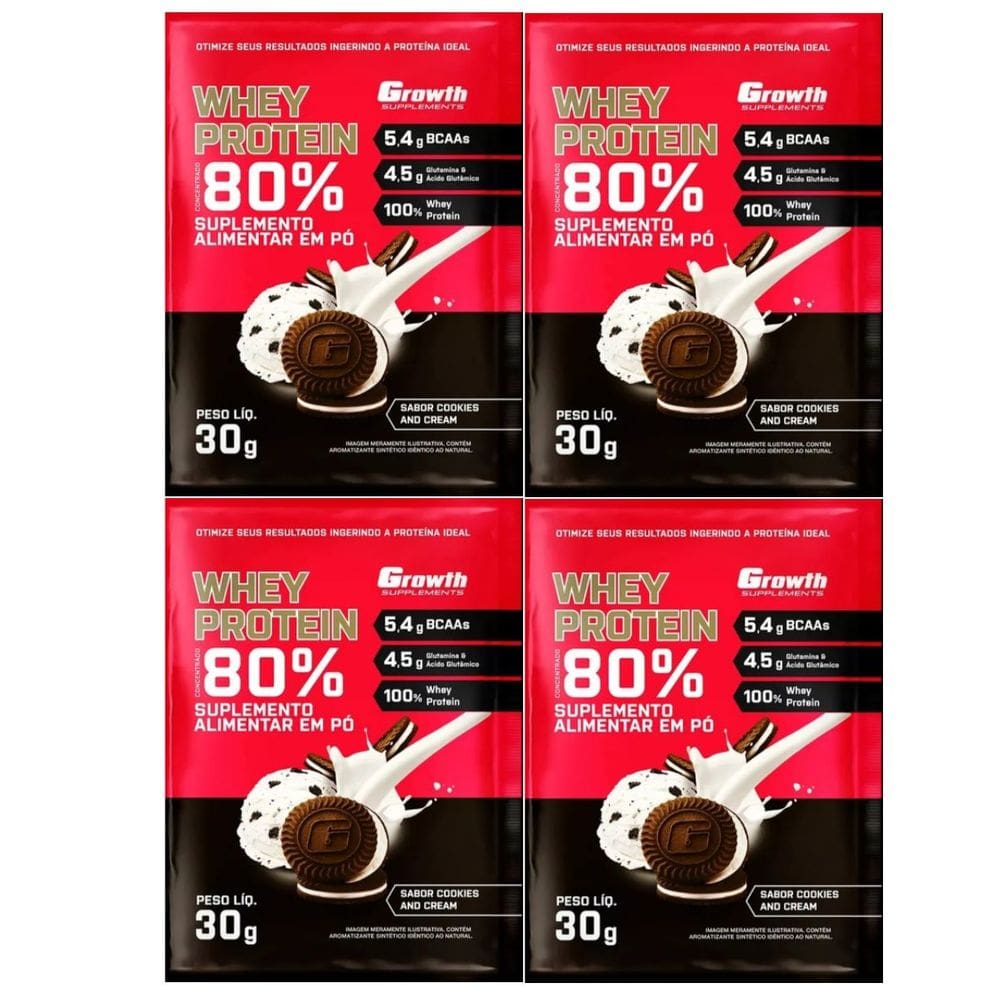 Kit com 4 Saches Whey Protein 80% 30g Growth Cookies And Cream