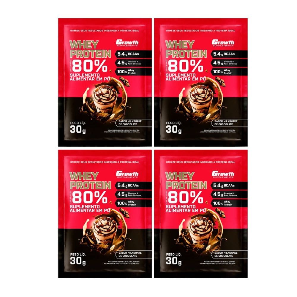 Kit com 4 Saches Whey Protein 80% 30g Growth Chocolate Com Milk Shake