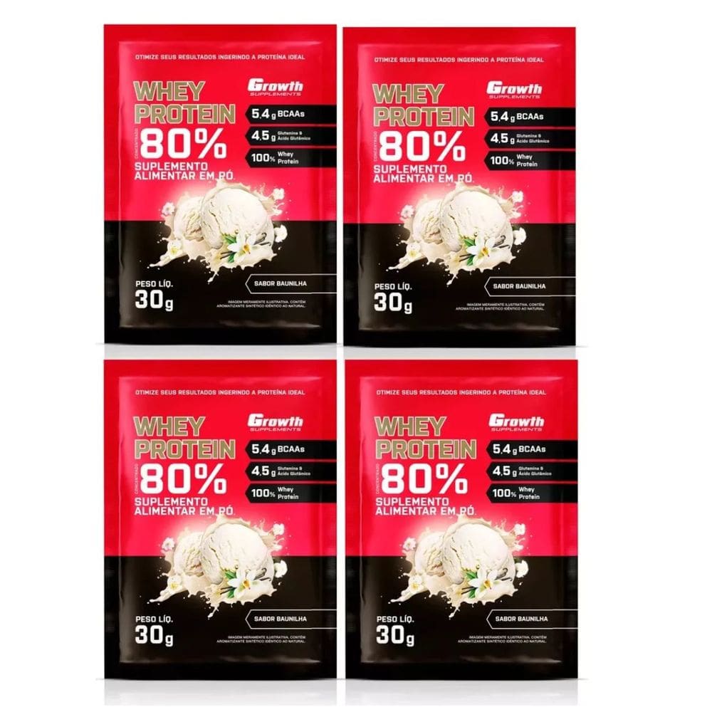 Kit com 4 Saches Whey Protein 80% 30g Growth Baunilha