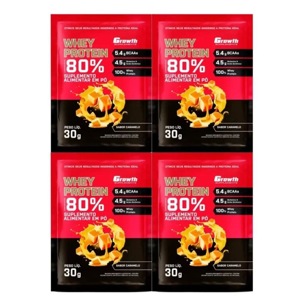 Kit com 4 Saches Whey Protein 80% 30g Growth Caramelo